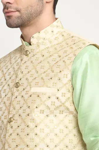 Men Silk Sea Green Kurta Churidar With Beige Embroided Nehru Jacket Set