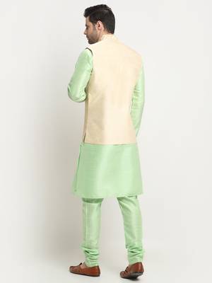 Men Silk Sea Green Kurta Churidar With Beige Embroided Nehru Jacket Set 3