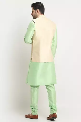 Men Silk Sea Green Kurta Churidar With Beige Embroided Nehru Jacket Set