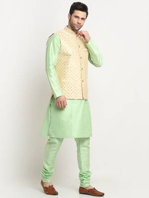 Men Silk Sea Green Kurta Churidar With Beige Embroided Nehru Jacket Set 4