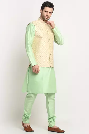 Men Silk Sea Green Kurta Churidar With Beige Embroided Nehru Jacket Set