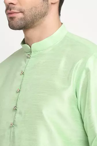 Men Silk Sea Green Kurta Churidar With Beige Embroided Nehru Jacket Set
