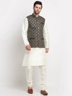Men Silk Cream Kurta Churidar With Black Embroided Nehru Jacket Set 1