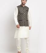 Men Silk Cream Kurta Churidar With Black Embroided Nehru Jacket Set