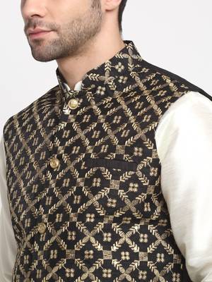 Men Silk Cream Kurta Churidar With Black Embroided Nehru Jacket Set 2