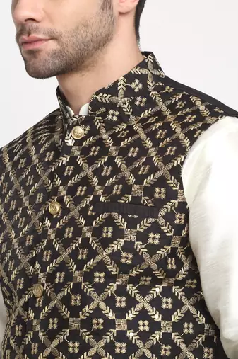 Men Silk Cream Kurta Churidar With Black Embroided Nehru Jacket Set