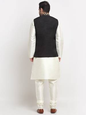 Men Silk Cream Kurta Churidar With Black Embroided Nehru Jacket Set 3