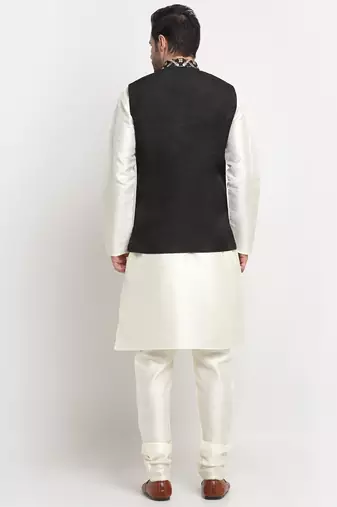 Men Silk Cream Kurta Churidar With Black Embroided Nehru Jacket Set