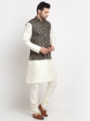Men Silk Cream Kurta Churidar With Black Embroided Nehru Jacket Set 4