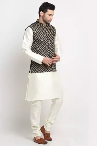 Men Silk Cream Kurta Churidar With Black Embroided Nehru Jacket Set