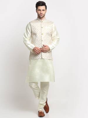 Men Silk Cream Kurta Churidar With Cream Embroided Nehru Jacket Set 1