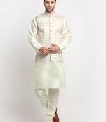 Men Silk Cream Kurta Churidar With Cream Embroided Nehru Jacket Set