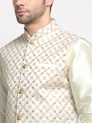 Men Silk Cream Kurta Churidar With Cream Embroided Nehru Jacket Set 2