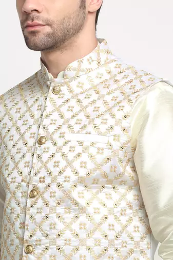 Men Silk Cream Kurta Churidar With Cream Embroided Nehru Jacket Set