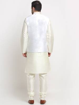 Men Silk Cream Kurta Churidar With Cream Embroided Nehru Jacket Set 3