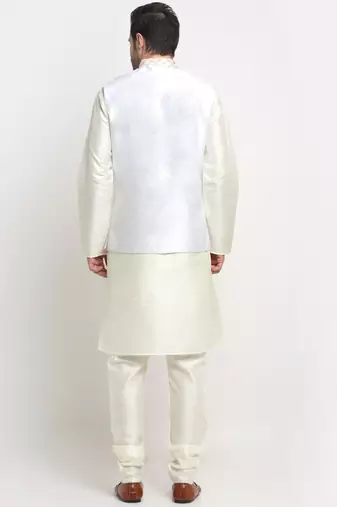 Men Silk Cream Kurta Churidar With Cream Embroided Nehru Jacket Set