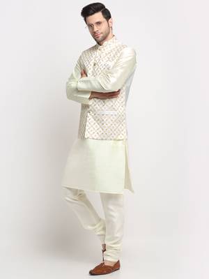 Men Silk Cream Kurta Churidar With Cream Embroided Nehru Jacket Set 4
