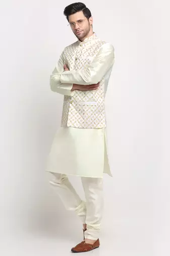 Men Silk Cream Kurta Churidar With Cream Embroided Nehru Jacket Set