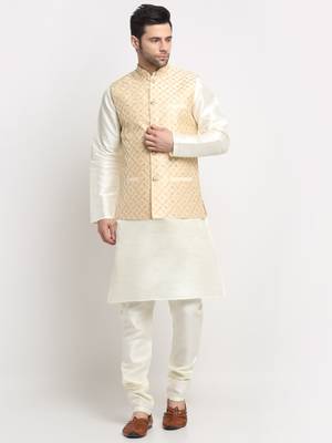 men silk cream kurta churidar with beige embroidered nehru jacket set 1