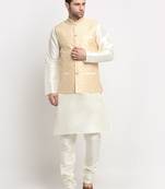 men silk cream kurta churidar with beige embroidered nehru jacket set