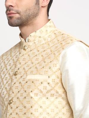 men silk cream kurta churidar with beige embroidered nehru jacket set 2