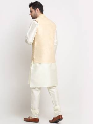 men silk cream kurta churidar with beige embroidered nehru jacket set 3