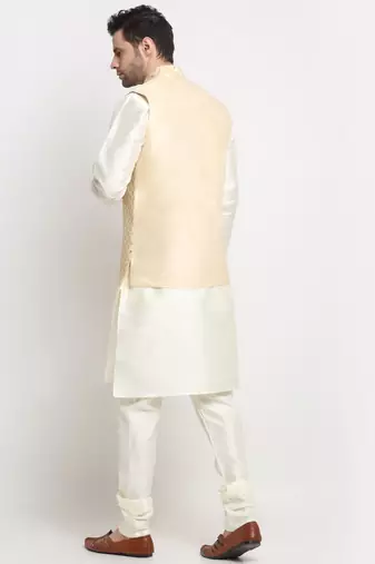 men silk cream kurta churidar with beige embroidered nehru jacket set