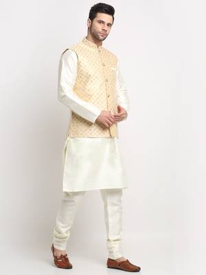 men silk cream kurta churidar with beige embroidered nehru jacket set 4
