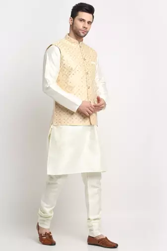 men silk cream kurta churidar with beige embroidered nehru jacket set