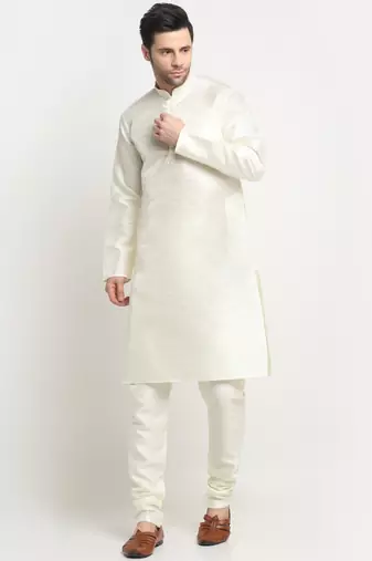 men silk cream kurta churidar with beige embroidered nehru jacket set