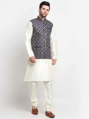 Men Silk Cream Kurta Churidar With Navy Blue Embroided Nehru Jacket Set 1