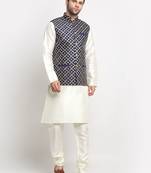Men Silk Cream Kurta Churidar With Navy Blue Embroided Nehru Jacket Set