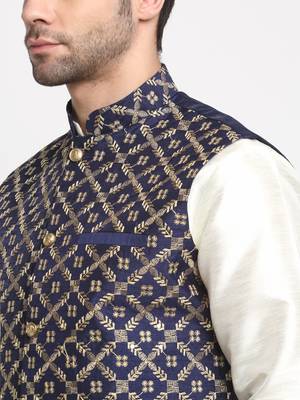 Men Silk Cream Kurta Churidar With Navy Blue Embroided Nehru Jacket Set 2