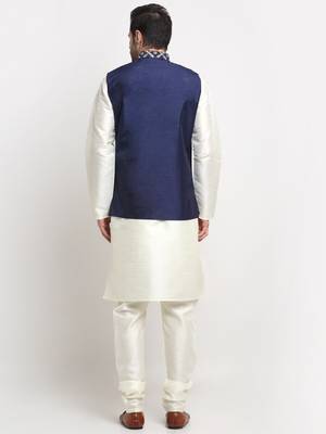 Men Silk Cream Kurta Churidar With Navy Blue Embroided Nehru Jacket Set 3
