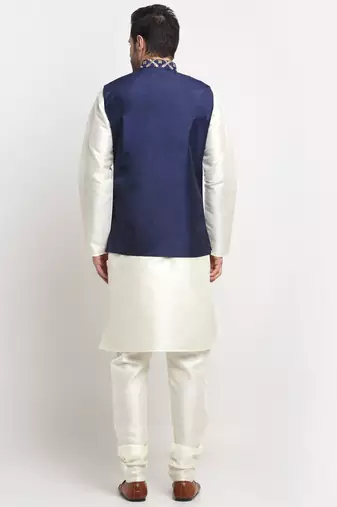 Men Silk Cream Kurta Churidar With Navy Blue Embroided Nehru Jacket Set