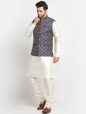 Men Silk Cream Kurta Churidar With Navy Blue Embroided Nehru Jacket Set 4