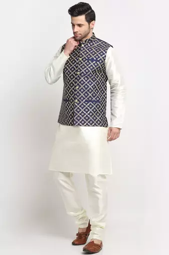 Men Silk Cream Kurta Churidar With Navy Blue Embroided Nehru Jacket Set