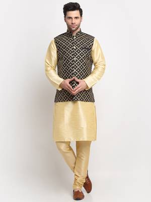 Men Silk Beige Kurta Churidar With Black Embroided Nehru Jacket Set 1