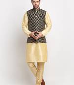 Men Silk Beige Kurta Churidar With Black Embroided Nehru Jacket Set