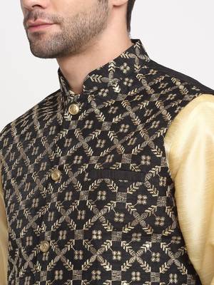 Men Silk Beige Kurta Churidar With Black Embroided Nehru Jacket Set 2