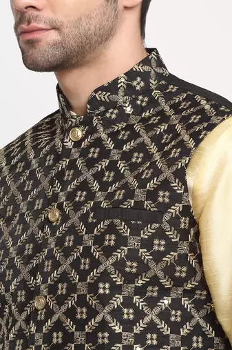 Men Silk Beige Kurta Churidar With Black Embroided Nehru Jacket Set