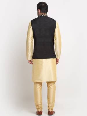Men Silk Beige Kurta Churidar With Black Embroided Nehru Jacket Set 3