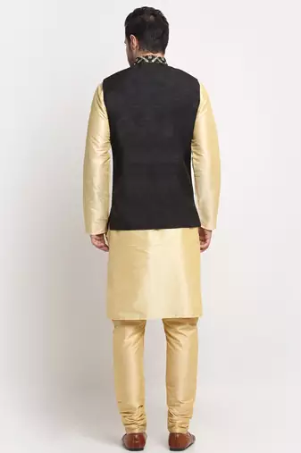Men Silk Beige Kurta Churidar With Black Embroided Nehru Jacket Set