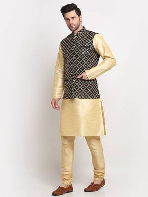 Men Silk Beige Kurta Churidar With Black Embroided Nehru Jacket Set 4