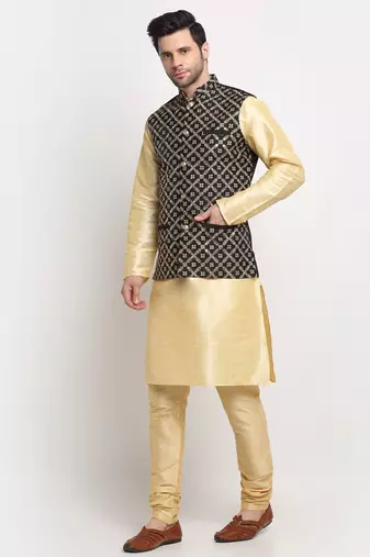 Men Silk Beige Kurta Churidar With Black Embroided Nehru Jacket Set