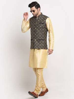 Men Silk Beige Kurta Churidar With Black Embroided Nehru Jacket Set 5