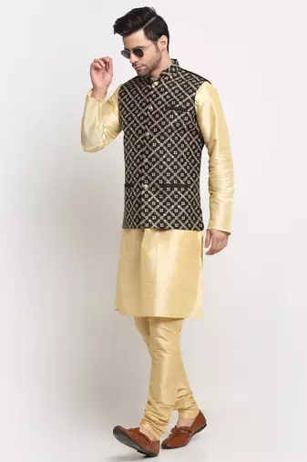 Men Silk Beige Kurta Churidar With Black Embroided Nehru Jacket Set