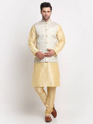 Men Silk Beige Kurta Churidar With Cream Embroided Nehru Jacket Set 1