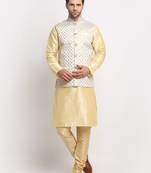 Men Silk Beige Kurta Churidar With Cream Embroided Nehru Jacket Set