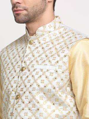 Men Silk Beige Kurta Churidar With Cream Embroided Nehru Jacket Set 2